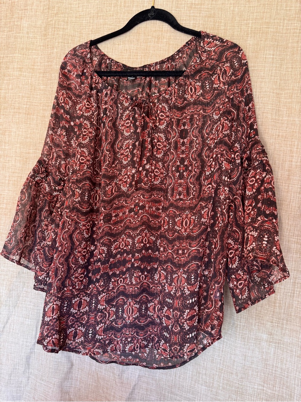 Style & Co. Rust Paisley Tie-Neck Peasant Top